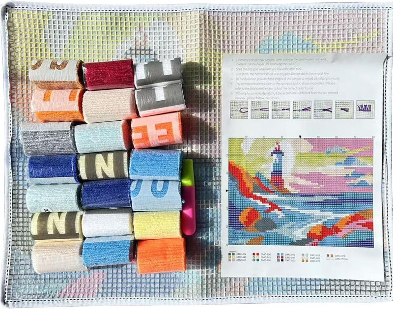 GLAECYY Latch Hook Kits Rug Crochet Yarn Kit Cushion Colour Pre-Printed Canvas Rug Needlework DIY Hook and Latch Kit (Seaside Lighthouse) - Image 4